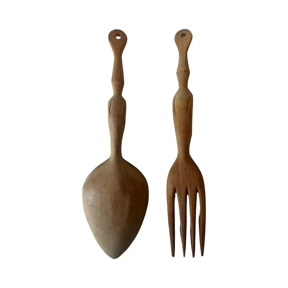 Vintage‎ Hand Carved Wooden Tiki Totem Spoon Fork Set Folk Art Decor MCM